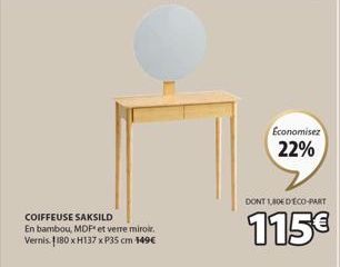 Coiffeuse Saksild - Verre Miroir, MDF et Bambou - 115€ avec 22% de Réduction ! 149€.