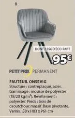 fauteuil onsevig à 95€ - 2,05€ eco-part, contreplaqué, acier, mousse de polyester, revêtement en polyester, pieds en bois de caoutchou.