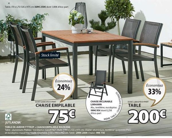 Économisez 24% : Table Jutlandia Yttrup+Chaise Empilable MA - 170xL75/126xH75 cm - 329€ 250€.