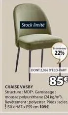 chaise vasby 24 kg/m - structure en mdf - revêtement polyester - pieds en acier - 22% de réduction - 85€ au lieu de 109€.