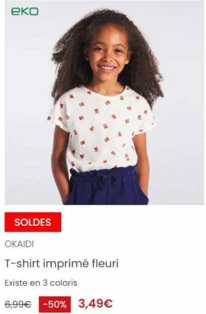 soldes : t-shirt imprimé fleuri okaïdi - 3 coloris - 6,99€ -50% à 3,49€