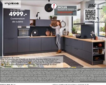 Combinaison de Cuisine Loser Soff Graphie - 4999.- avec Plaque de Cuisson Grundig et 370x306cm Four Inclus!