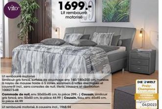 Vito Lit Rembourá Mola - Similicuir Gris Foncé - Matelas à 5 Zones + Sommiers Électriques - 160x200 cm - Env. Couve-it - Promo!