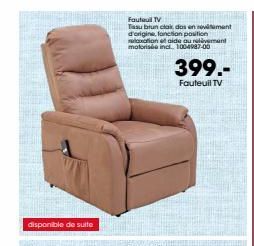 Fauteuil TV Tasu brun - Disponible de suite - Position Relaxation, Relèvement Motorisé - 1004987-00 - Promo 399.-