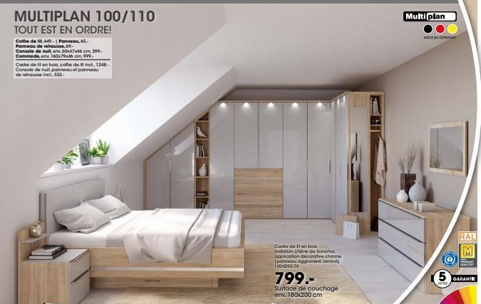 MultiplaN 100/110: Coffre de Lit à 449 € + Panneau de Rehausse à 69 € + Console de Nuit à 399 € + Commode à 999 € + Lit en Bois Incl. Tout est en Ordre !