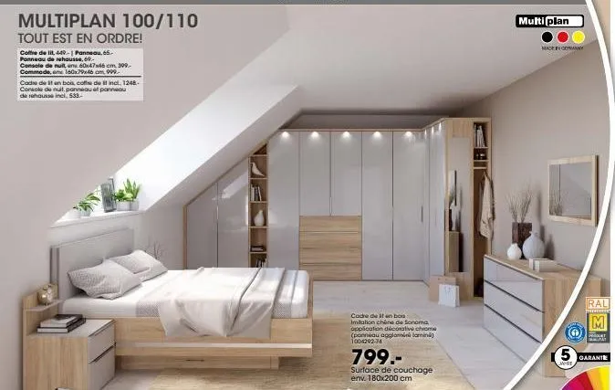 multiplan 100/110: coffre de lit à 449 € + panneau de rehausse à 69 € + console de nuit à 399 € + commode à 999 € + lit en bois incl. tout est en ordre !