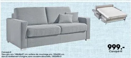 canapé-it tu gris : 188x86x97 cm - jusqu'à -999.- ! dormez en confort sur un canapé doté d'une surface de couchage de 150x200 cm.