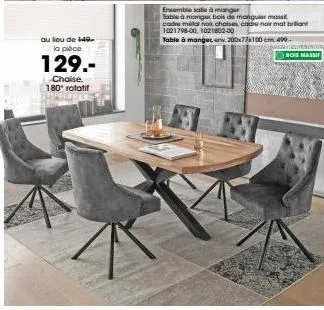 ensemble salle à manger bois de manguier mass, chaise rotative 180°, cadre métal noir et cadre noir mat brillant – promo 149€!
