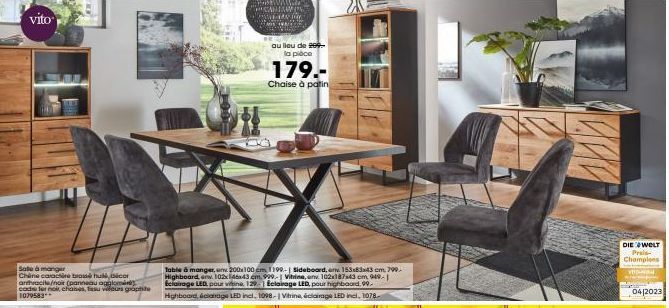 Vito Salle à Manger : Table en Chine caractère brauco anthracite/noir, promo de 909€ à 1199€ ! 200x100 cm, panneau aggloméré en fer noir, chaises en graphite 1079583.