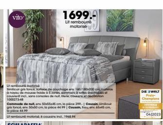 Vito Lit rembourá mola Similicuir Gris Foncé 160/180x200cm Mousse Froide 5 zones + Sommier Électrique!