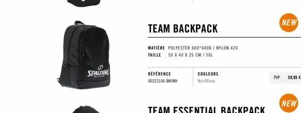 sac à dos spalding team, 50l, noir/blanc, 59,95 € : la référence polyvalente et solide!