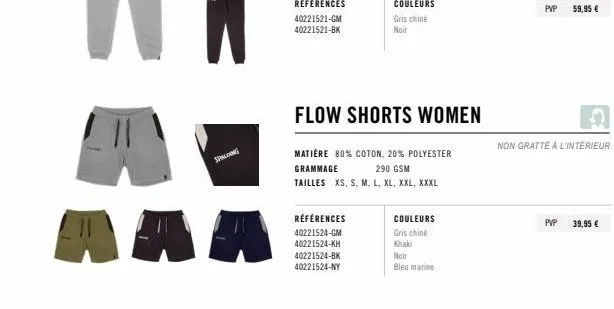 shorts flow women spalding - gris chiné, noir & autres couleurs - 80% coton/20% polyester - 290 g.