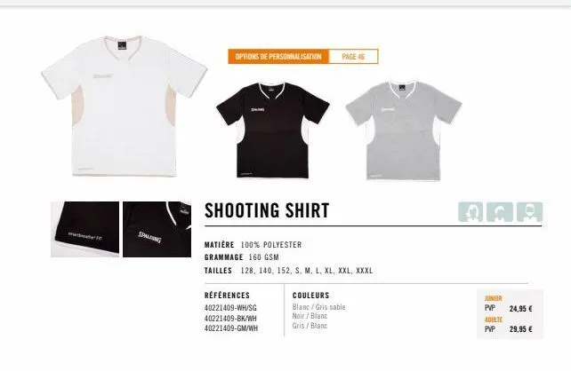 shooting shirt spalding: personnalisable et durable - matière 100% polyester, grammage 160 gsm, tailles 128-xxxs