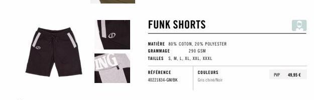Funk Shorts Gris Chine/Noir à 49,95 € : 80% Coton, 20% Polyester, 290 GSM, Tailles S-XXXL.
