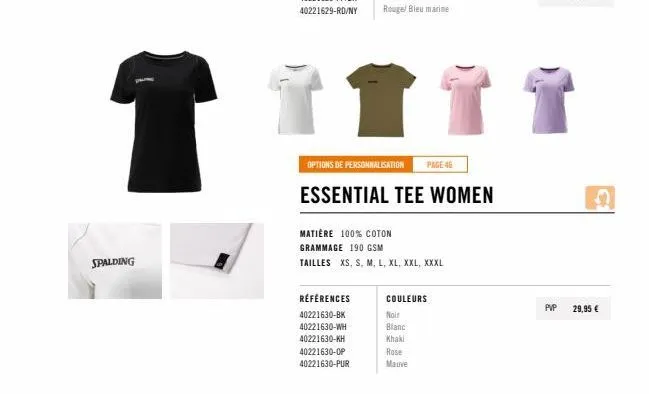spalding essential tee women: personnalisez-le! 100% coton, 190 gsm, xs - xxxl