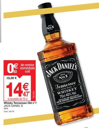 Profitez de la Remise Immédiate de 14€ sur la Bouteille de 70cl de Whisky Tennessee Old No.7 JACK DANIEL'S, 40% de TVA.