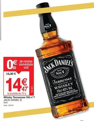 profitez de la remise immédiate de 14€ sur la bouteille de 70cl de whisky tennessee old no.7 jack daniel's, 40% de tva.