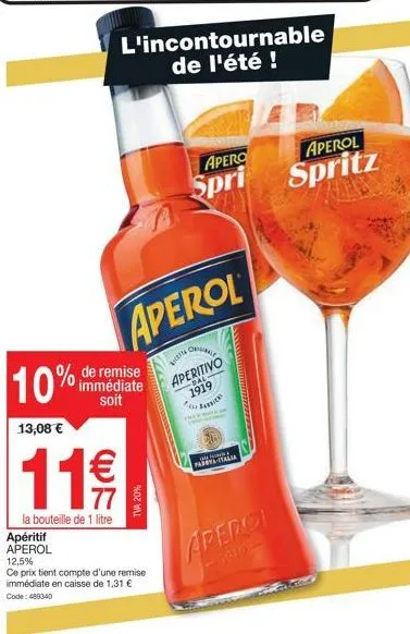 profitez d'une remise immédiate de 10 % sur l'apéritif aperol 12,5% ! la bouteille de 1 litre à 11 € seulement ! achetez-la maintenant !