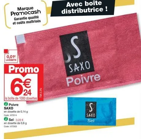 promo ladosette: 1000 dosettes de poivre saxo à 0,14 g & sel à 0,8 g à 24€!