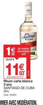 Promo Remise Immediate: Rhum Carta Blanca 3 Ans Santiago de Cuba 38% à 11€ La Bouteille!