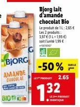 50% de réduction sur le lait d'amande chocolat bio bjorg de 1l à 1.99€!