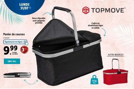 TOPMOVEⓇ Panier de courses Anse clipsable avec poignée profilée - Cadre en aluminium léger et solide - Promo 9.⁹⁹ € - 3 L'unité - Env. 26 L - 25 kg - AUTRE MODÈLES.