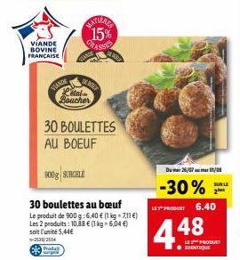 30 Boulettes de Viande Bovine Française ANG et LATIERES 15% GRASHE +900g Surgele à 6,40€ - Promo 2 pour 10,88€!