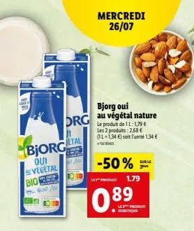 bjorg oui au végétal nature : -50% sur le produit biocal d'1l (1,3€/unité)