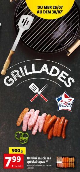 Promo : Profitez des Grillades 900g 14g-Be au Porc Français du 26/07 au 30/07 ! Mini Saucisses Nature, Chorizo et aux Herbes (2) - 618304.