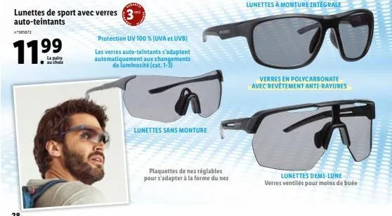 paire de lunettes de sport 3auto-teintants - offre exclu: 28 m*385872 11.9999 - uv 100% et adapt aux changements de lumière