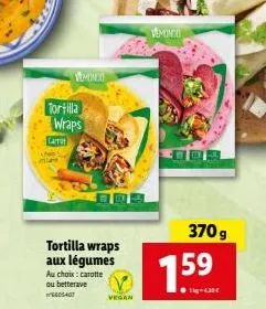 tortilla wraps aux légumes vegan vemonto - 605407 - 370 g - carotte ou betterave - promo - 4.30€.