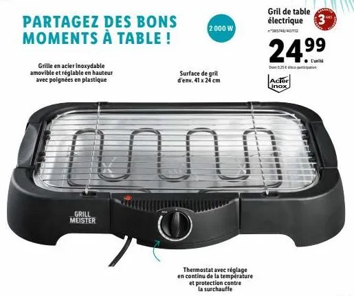 grillez des bons moments avec le grill meister 2000w! plaques amovibles et réglables, thermostat, poignées en plastique et une large surface de cuisson.