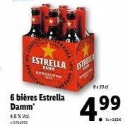 offre spéciale : 6 bouteilles de bière estrella damm 4,6% vol - 4.99€.