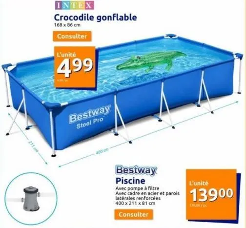 intex crocodile gonflable - 168x86cm - avec pompe à filtre et cadre en acier - 4,99€ - parois latérales renforcées - 13900l.