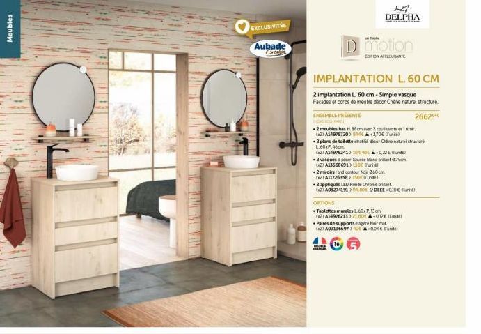 Aubade D'motion : Meuble G et Double Vasque en Chêne Naturel, Edition Affleurante, L. 60 cm - Exclusivité Garantie !