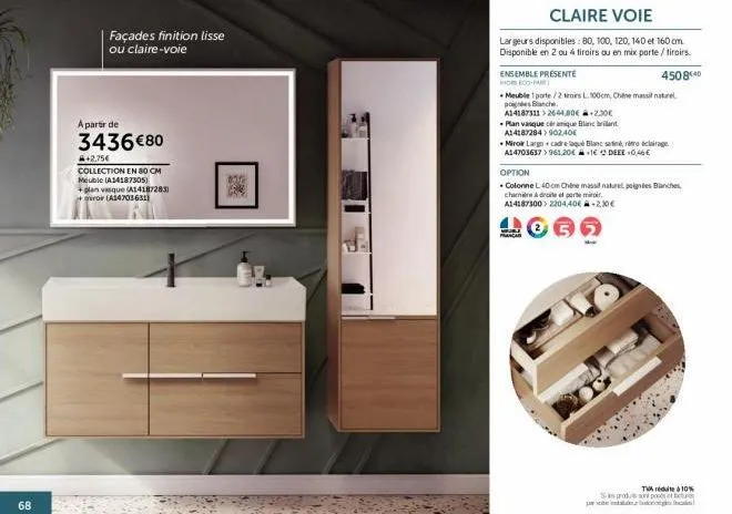 meuble de salle de bain haut de gamme à partir de 3436€80 +2.75€: collection en 80 cm claire voie - plan vasque + iro inclus!