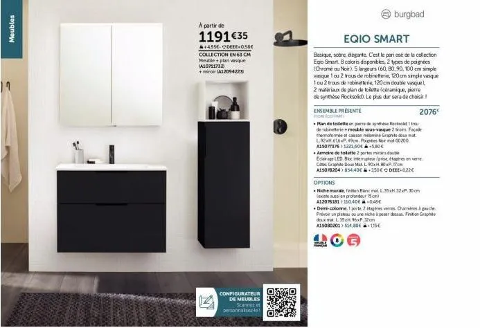 meuble oxfo + plan vasque + miroir eqio smart - 1191 €35 + 495 € dele + 0,sbe collection en 63 cm
