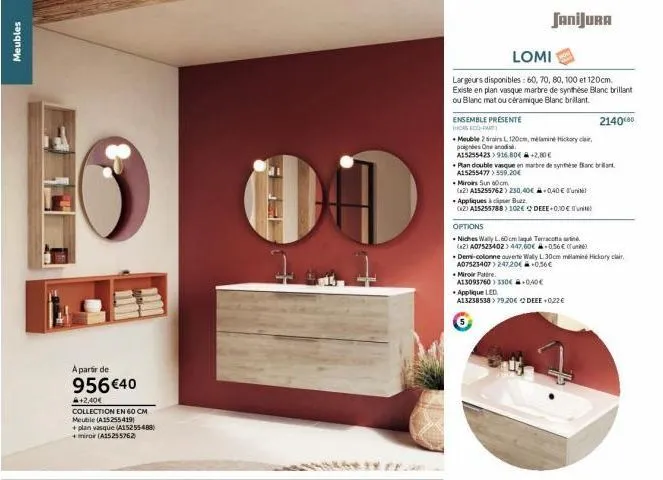 meuble +plan vasque + miroir dd lomi: largeurs 60-120cm, dispo à partir de 956€ +2.40€ promo!
