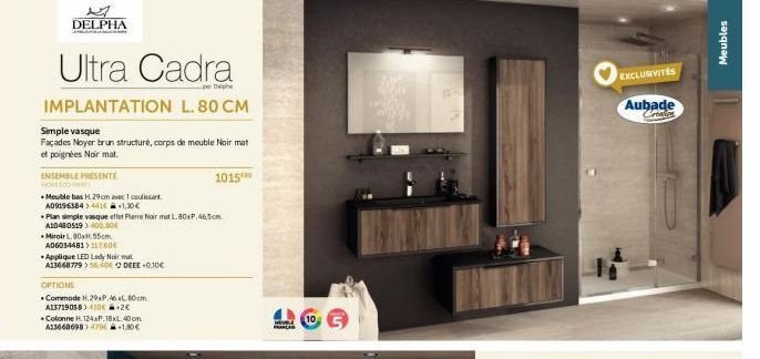 Ensemble DELPHA Ultra Cadra D - Vasque Simple IMPLANTATION L. 80 CM, H. 29cm - Façades Noyer brun, Corps Noir mat & Poignées Noir mat - Promo HORECA !