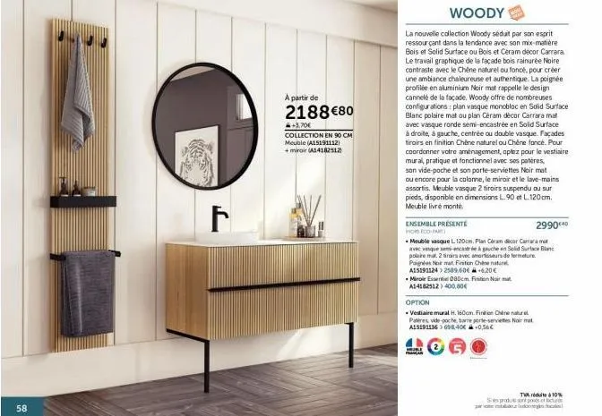 la nouvelle collection woody de hos eco-fa: ensemble d'meuble et de miroir à 2188 €80 +3.70€ - 90 cm.