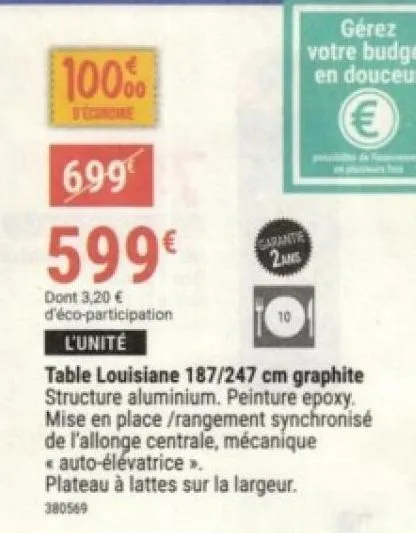 table louisiane 187/247 cm graphite