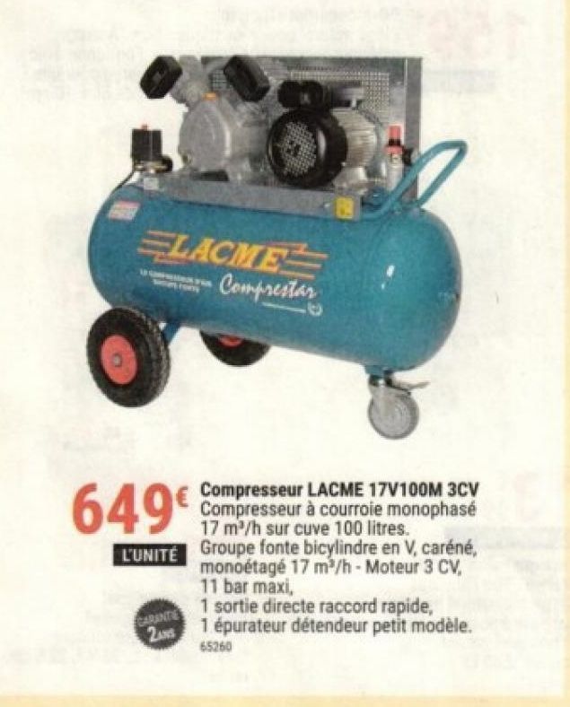 compresseur LACME 17V100M 3CV