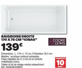 Baignoire droite IONAS - 170 x 75 cm - 139€ - Acrylique & Pieds réglables - Tablier & Kit inclus.