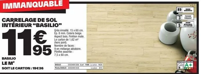basilio - gres émaillé | 11€ le m² | promo 19€36/carton (1,62m²) | coloris beige | aspect bois | finition mate