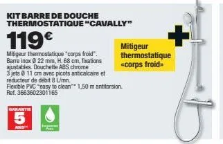 kit barre de douche thermostatique cavally: mitigeur corps froid, garantie 5 ans, 119€ seulement!
