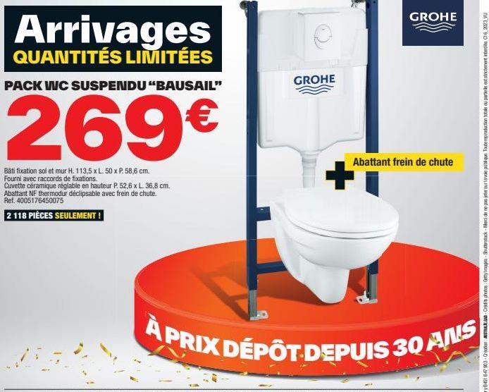 Offre limitée : Pack WC Suspendu Bausail à 269€ - 113,5 x 50 x 58,6 cm avec raccords de fixations