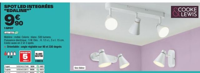 Éclairez votre intérieur avec le Spot LED Intégré Edaline: 500 Lumens, Métal Blanc, 5W Puissance, Orientable 90° - Collection 1SPOT