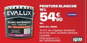 EVALUX - Peinture Blanc Intérieur Velours 2-3 Sous-Couche 10 L à 5€49 - 10 m²/L env. - 54% Opacité