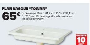 Vasque Céramique Towan Ref. 3663602527220 - L. 61.2 x H. 15,5 x P. 37,1 cm - Vidage et Non Inclus - Garantie 10 Ans - 65€