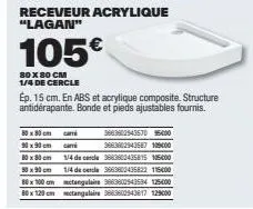 lagan - receveur de douche acrylique 80 x 80 cm - ep. 15 cm - abs et acrylique composite - bonde et pieds ajustables inclus - 105€